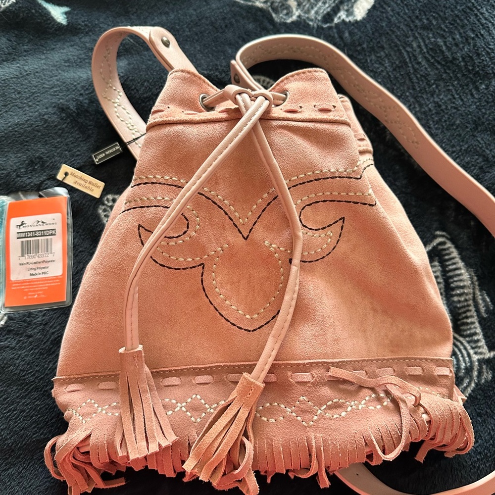 Montana West Pink Suede Fringe Drawstring Crossbody Bag